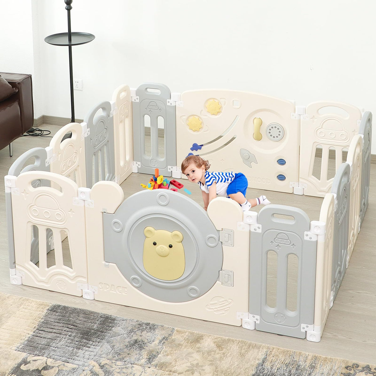 Foldable Kids Activity Play Yard with Lockable Gate&Customizable Game Panel,14-Panel Safe Baby Play Fence for Indoor and Outdoor Use,Gray White