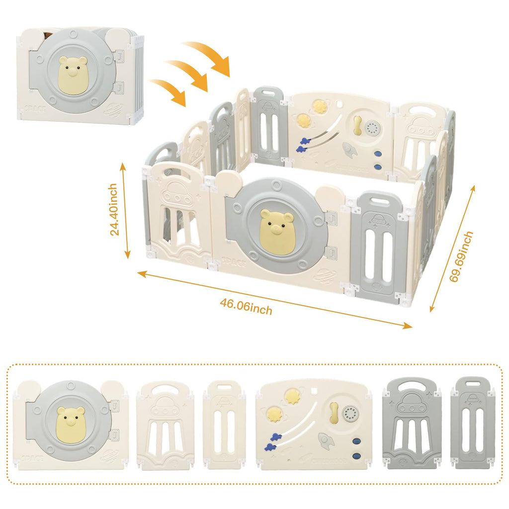 Foldable Kids Activity Play Yard with Lockable Gate&Customizable Game Panel,14-Panel Safe Baby Play Fence for Indoor and Outdoor Use,Gray White