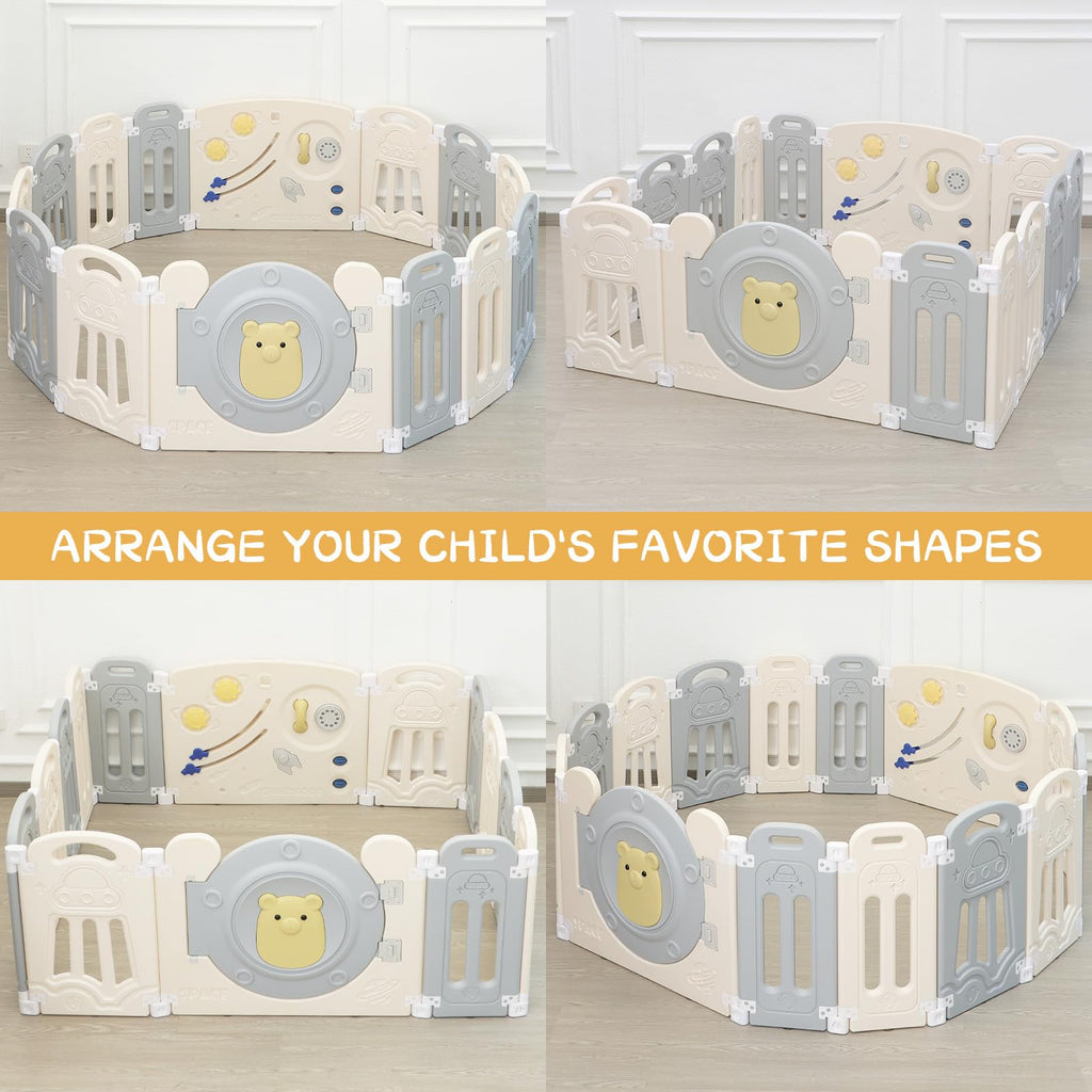 Foldable Kids Activity Play Yard with Lockable Gate&Customizable Game Panel,14-Panel Safe Baby Play Fence for Indoor and Outdoor Use,Gray White