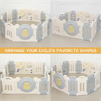 Foldable Kids Activity Play Yard with Lockable Gate&Customizable Game Panel,14-Panel Safe Baby Play Fence for Indoor and Outdoor Use,Gray White
