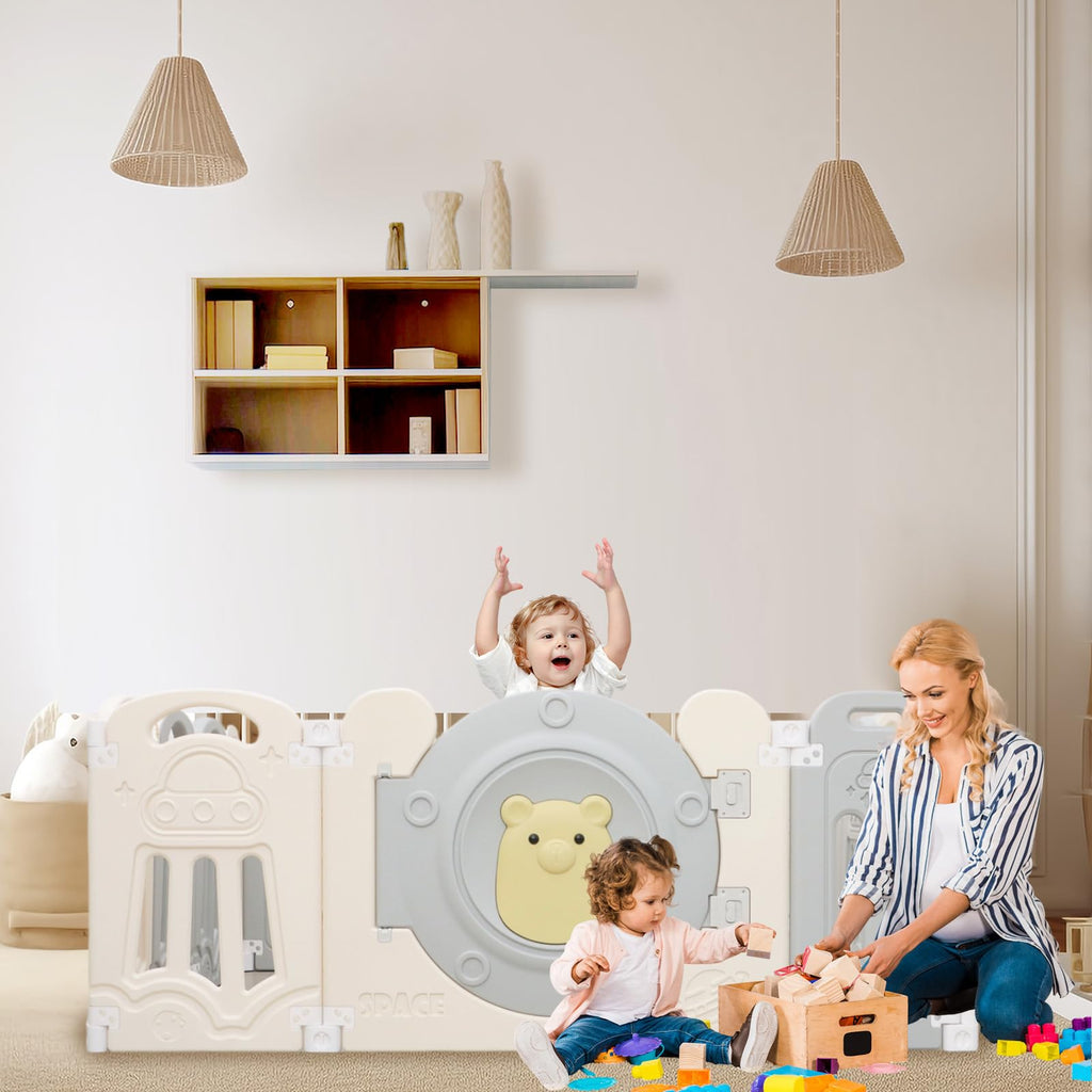 Foldable Kids Activity Play Yard with Lockable Gate&Customizable Game Panel,14-Panel Safe Baby Play Fence for Indoor and Outdoor Use,Gray White