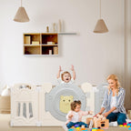 Foldable Kids Activity Play Yard with Lockable Gate&Customizable Game Panel,14-Panel Safe Baby Play Fence for Indoor and Outdoor Use,Gray White