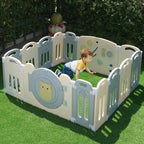 Foldable Kids Activity Play Yard with Lockable Gate&Customizable Game Panel,14-Panel Safe Baby Play Fence for Indoor and Outdoor Use,Gray White
