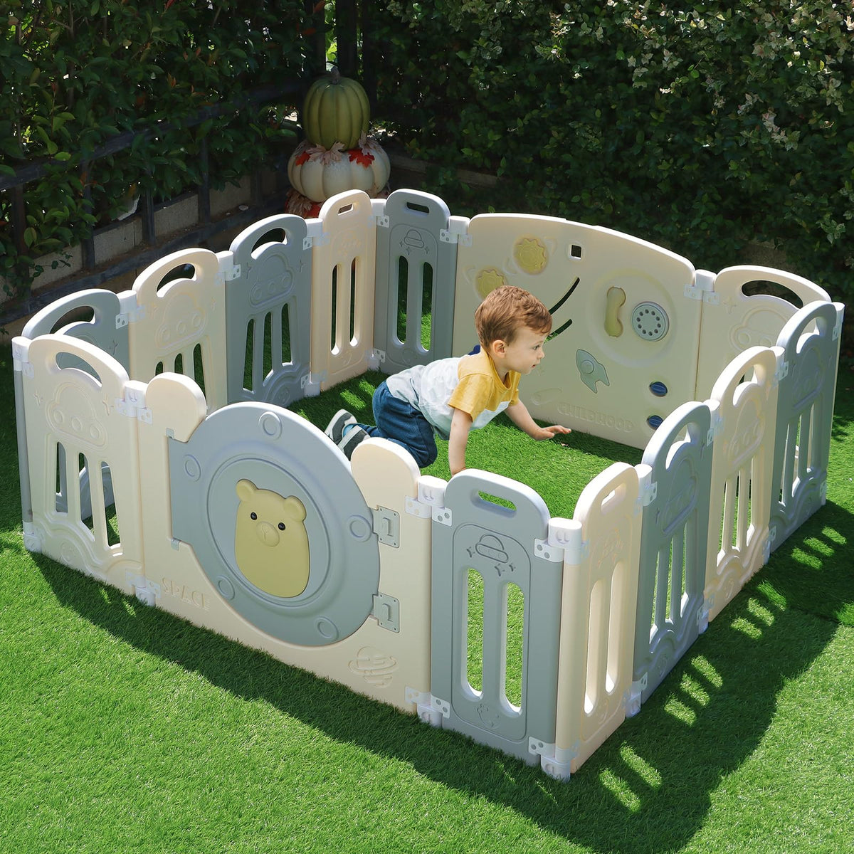 Foldable Kids Activity Play Yard with Lockable Gate&Customizable Game Panel,14-Panel Safe Baby Play Fence for Indoor and Outdoor Use,Gray White