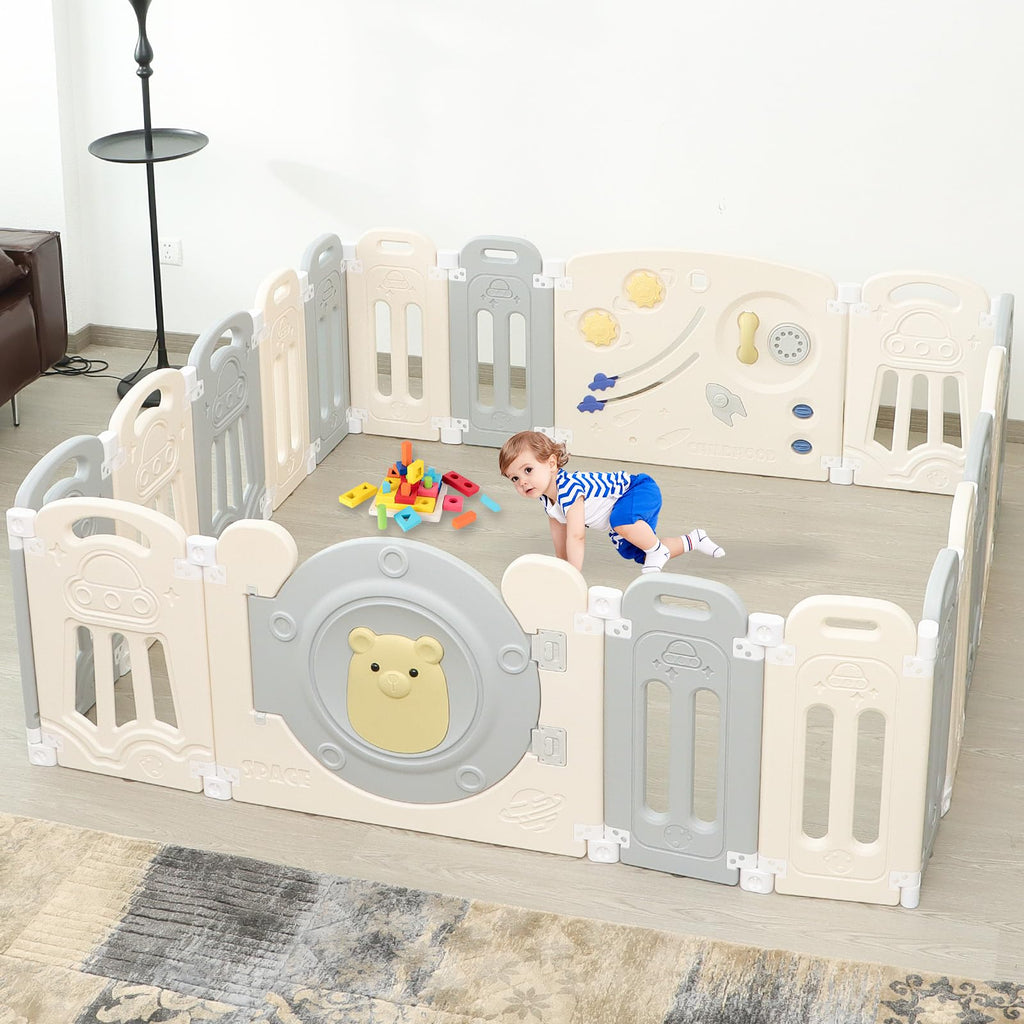 Adjustable Game Panel Foldable Baby Play Yard with Secure Lock Door,18-Panel Safety Kids Play Fence for Indoor&Outdoor Activity Center,Gray White