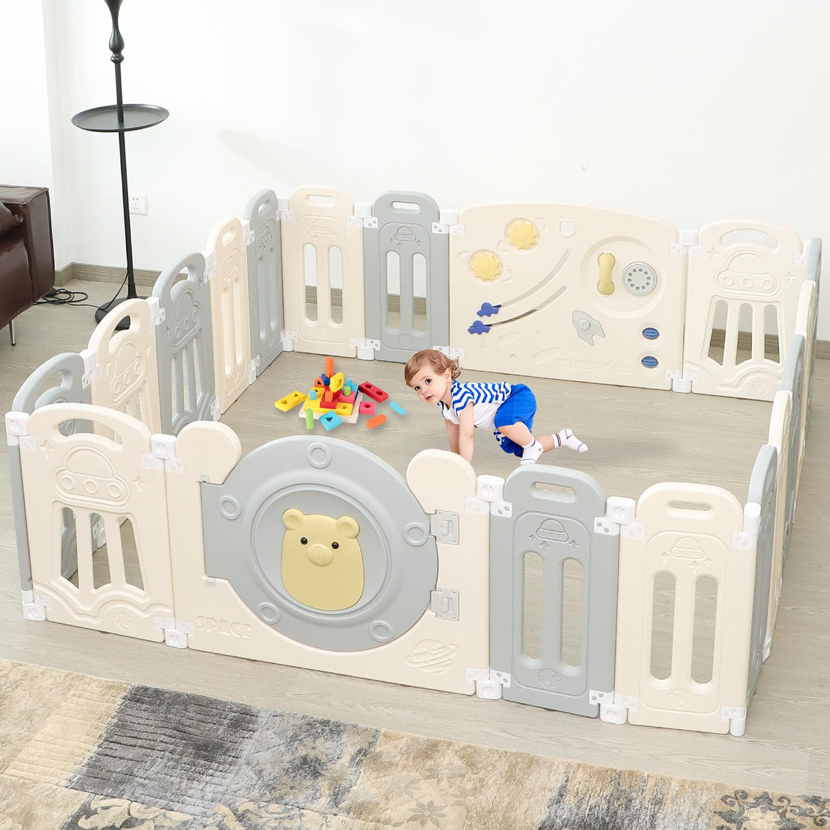 Adjustable Game Panel Foldable Baby Play Yard with Secure Lock Door,18-Panel Safety Kids Play Fence for Indoor&Outdoor Activity Center,Gray White