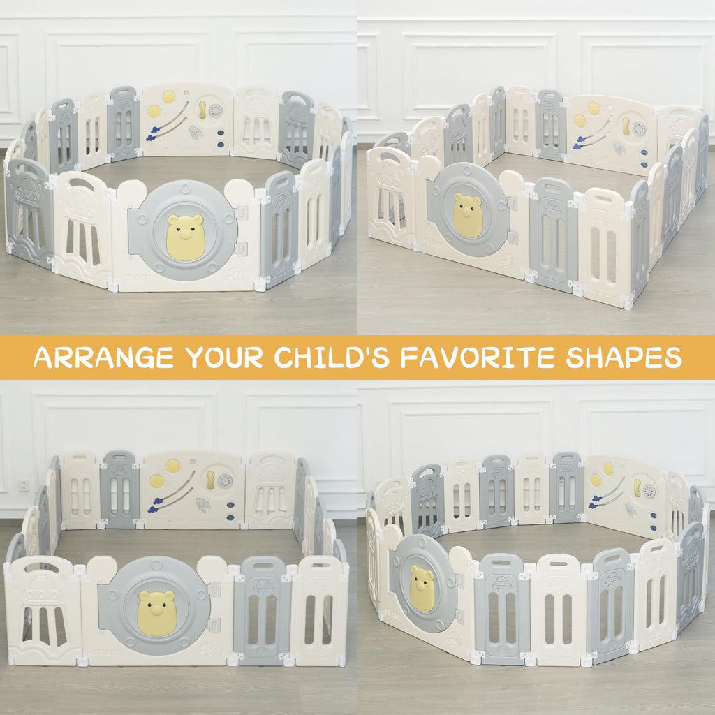 Adjustable Game Panel Foldable Baby Play Yard with Secure Lock Door,18-Panel Safety Kids Play Fence for Indoor&Outdoor Activity Center,Gray White