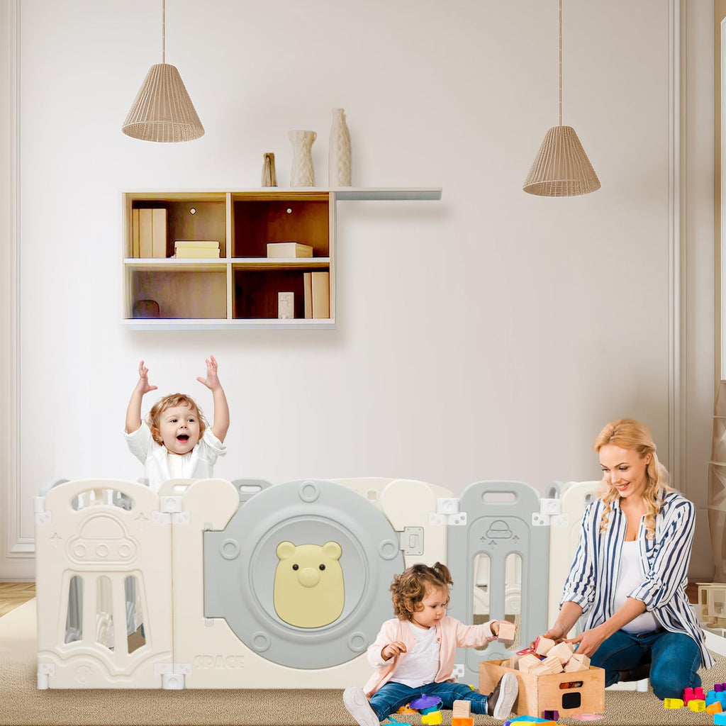 Adjustable Game Panel Foldable Baby Play Yard with Secure Lock Door,18-Panel Safety Kids Play Fence for Indoor&Outdoor Activity Center,Gray White