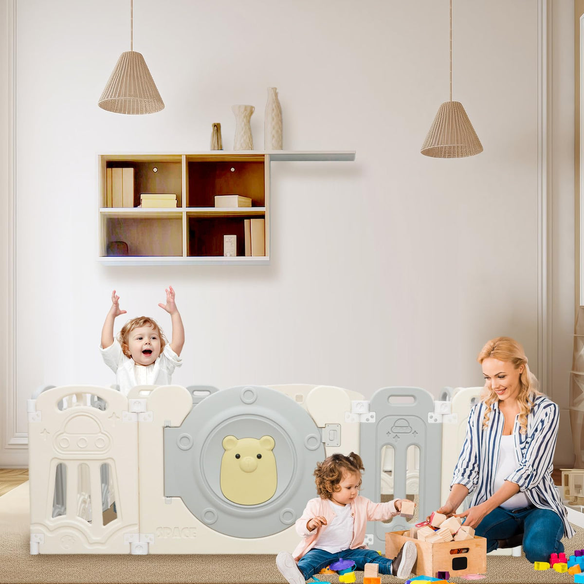 Adjustable Game Panel Foldable Baby Play Yard with Secure Lock Door,18-Panel Safety Kids Play Fence for Indoor&Outdoor Activity Center,Gray White