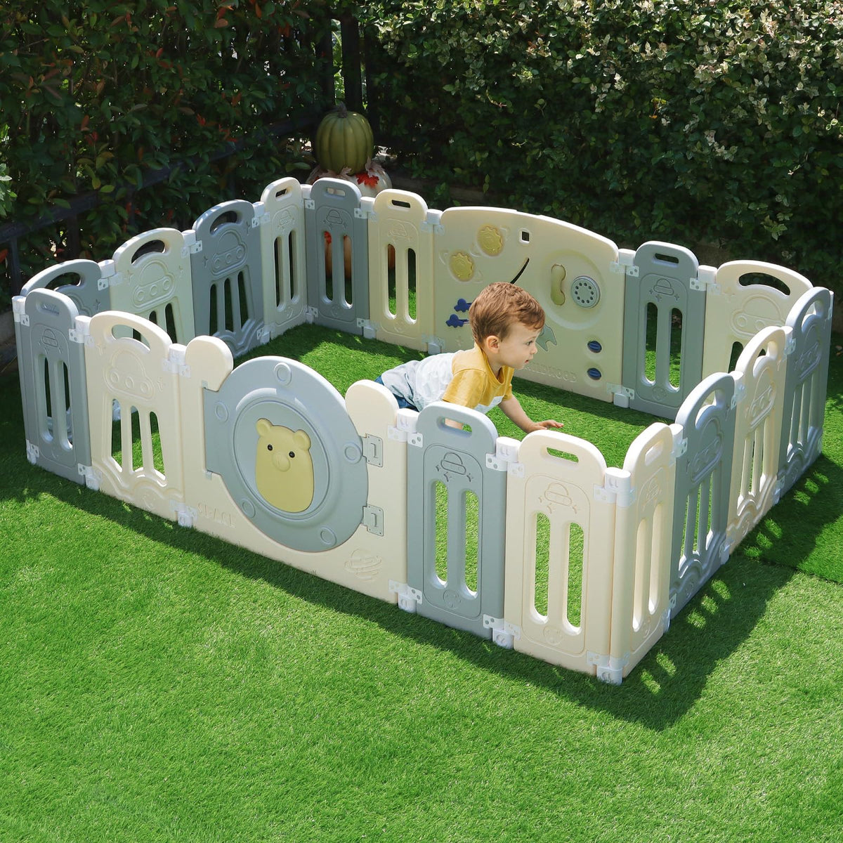 Adjustable Game Panel Foldable Baby Play Yard with Secure Lock Door,18-Panel Safety Kids Play Fence for Indoor&Outdoor Activity Center,Gray White