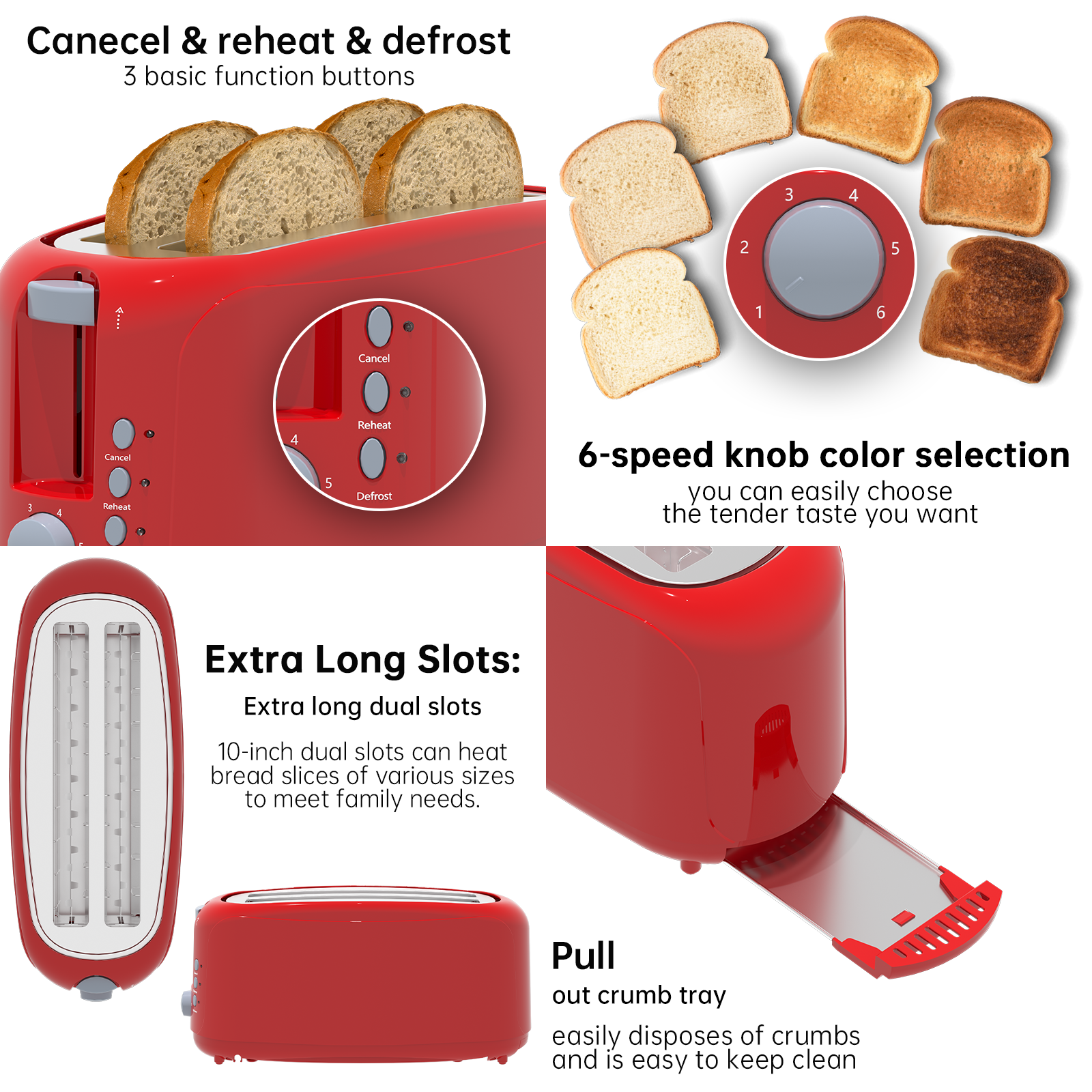 4 Slice Extra Long Slot Toaster with 6 Browning Levels & Defrost/Reheat Functions,Red