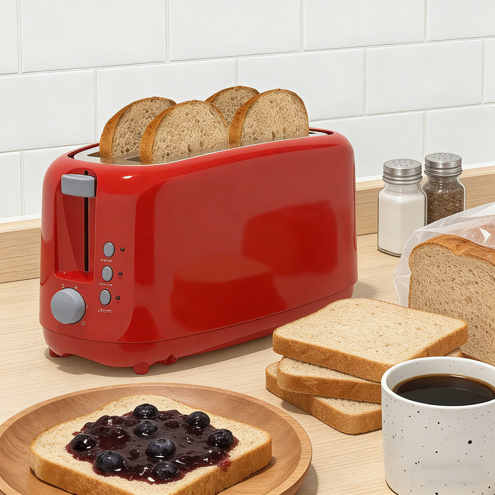 4 Slice Extra Long Slot Toaster with 6 Browning Levels & Defrost/Reheat Functions,Red