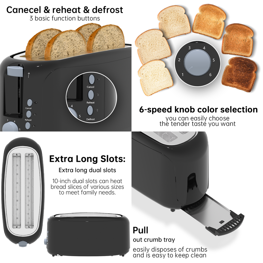 4 Slice Extra Long Slot Toaster with 6 Browning Levels & Defrost/Reheat Functions,Black