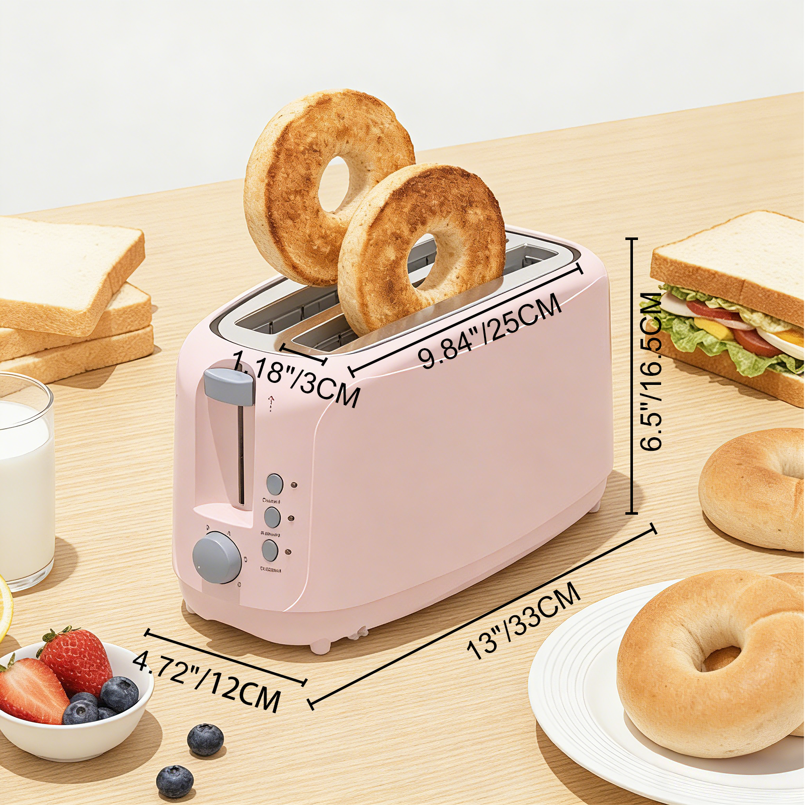 4 Slice Extra Long Slot Toaster with 6 Browning Levels & Defrost/Reheat Functions,Pink