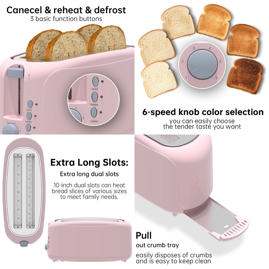 4 Slice Extra Long Slot Toaster with 6 Browning Levels & Defrost/Reheat Functions,Pink