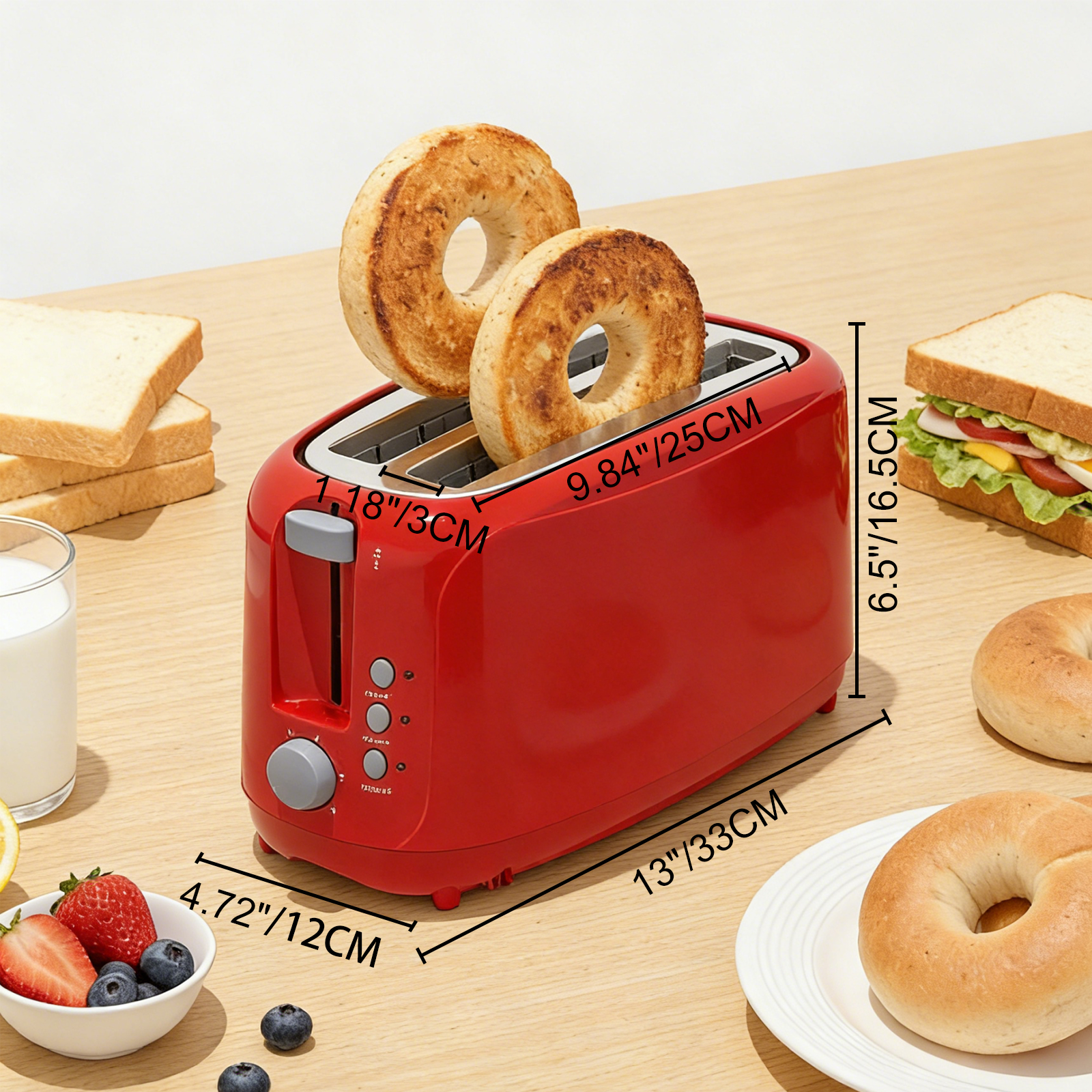 4 Slice Extra Long Slot Toaster with 6 Browning Levels & Defrost/Reheat Functions,Red