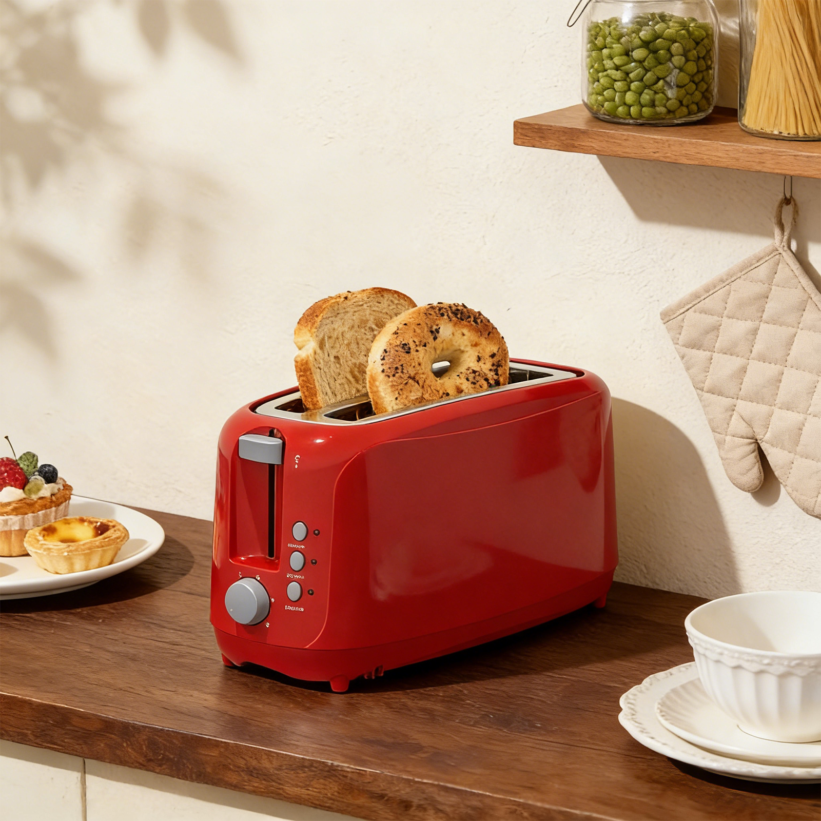 4 Slice Extra Long Slot Toaster with 6 Browning Levels & Defrost/Reheat Functions,Red