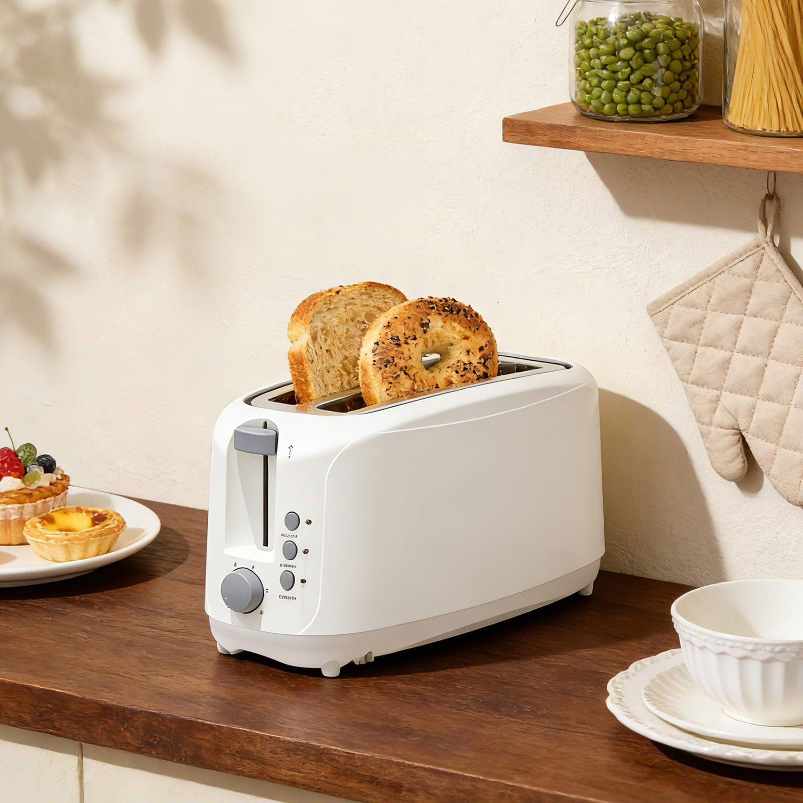 4 Slice Extra Long Slot Toaster with 6 Browning Levels & Defrost/Reheat Functions,White