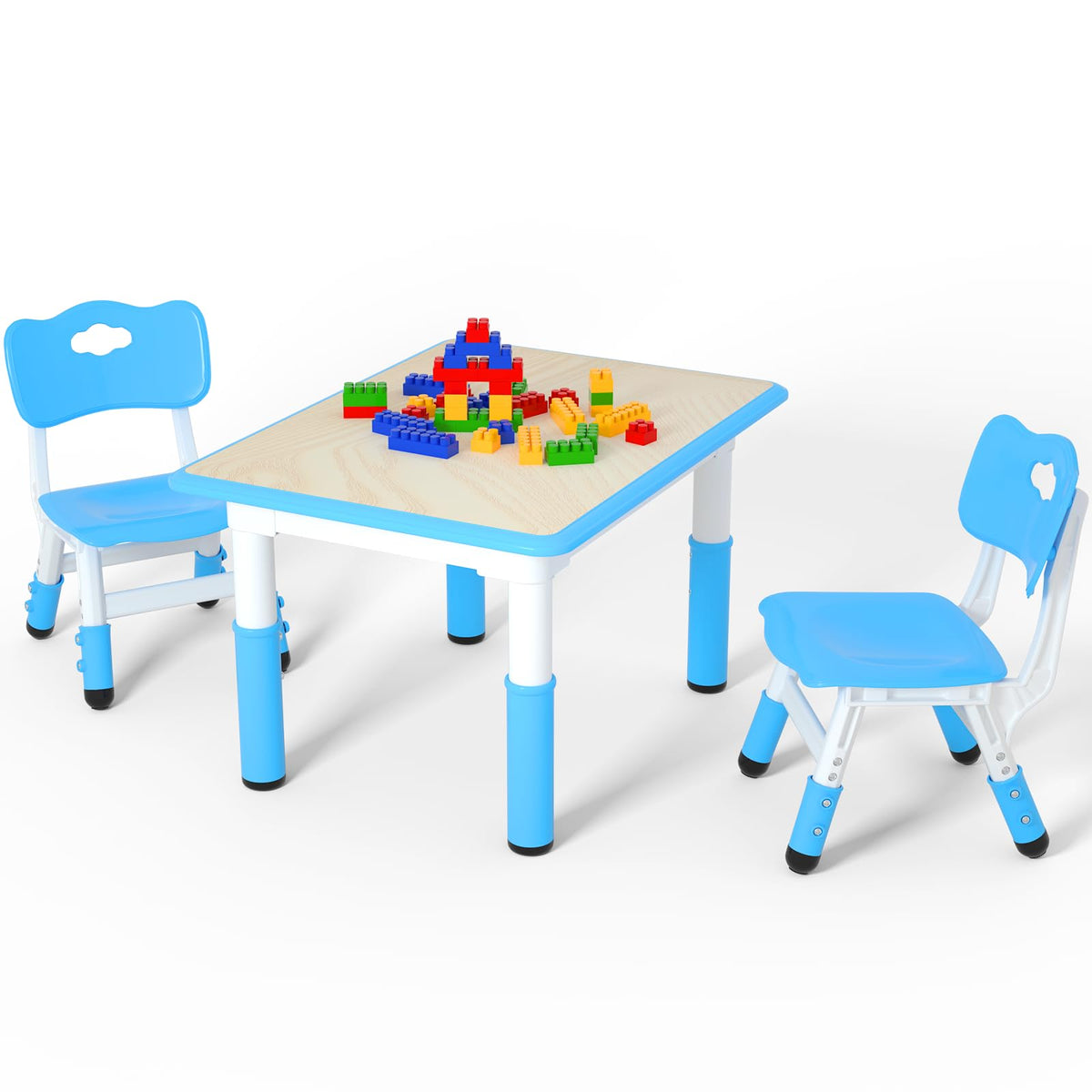 Height Adjustable Kids Table with 2 Chairs, Durable HDPE Play Set for Children Ages 2–12, Blue