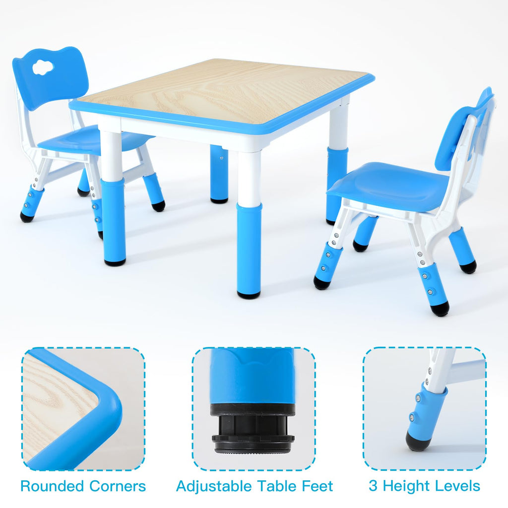 Height Adjustable Kids Table with 2 Chairs, Durable HDPE Play Set for Children Ages 2–12, Blue