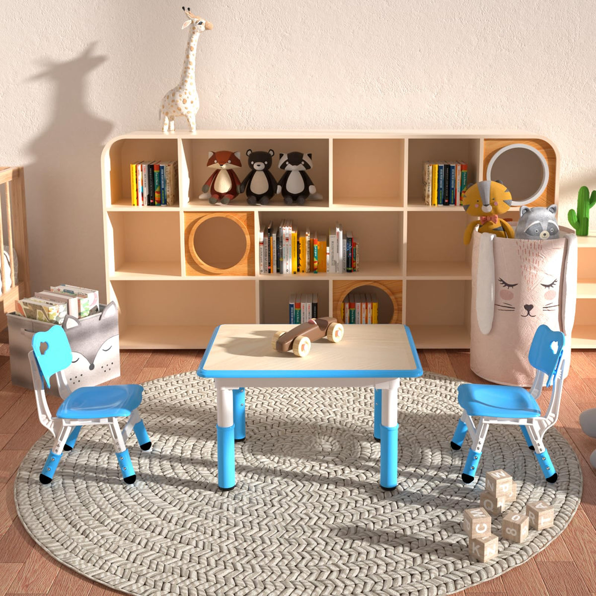 Height Adjustable Kids Table with 2 Chairs, Durable HDPE Play Set for Children Ages 2–12, Blue
