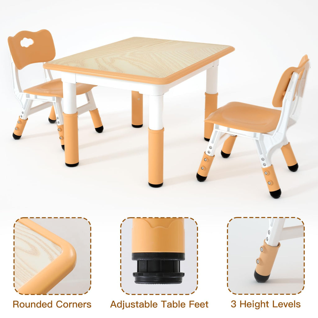 Height Adjustable Kids Table with 2 Chairs, Durable HDPE Play Set for Children Ages 2–12, Brown