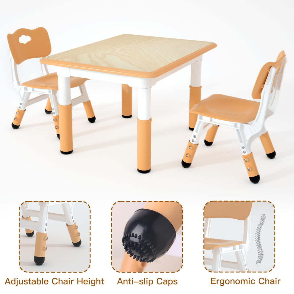 Height Adjustable Kids Table with 2 Chairs, Durable HDPE Play Set for Children Ages 2–12, Brown