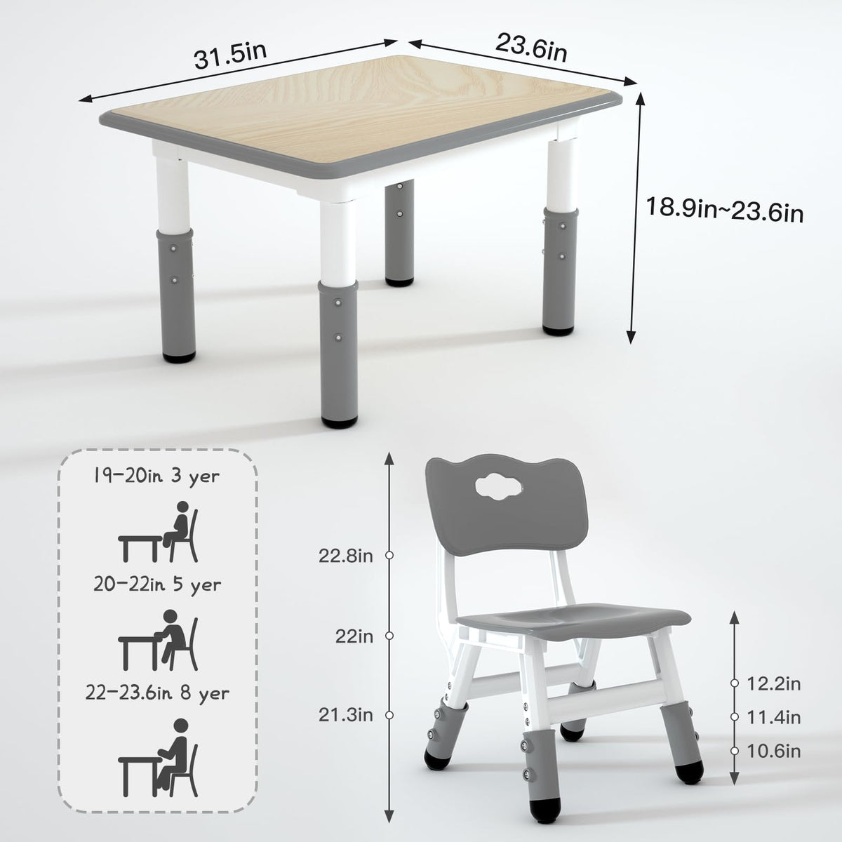Height Adjustable Kids Table with 2 Chairs, Durable HDPE Play Set for Children Ages 2–12, Gray