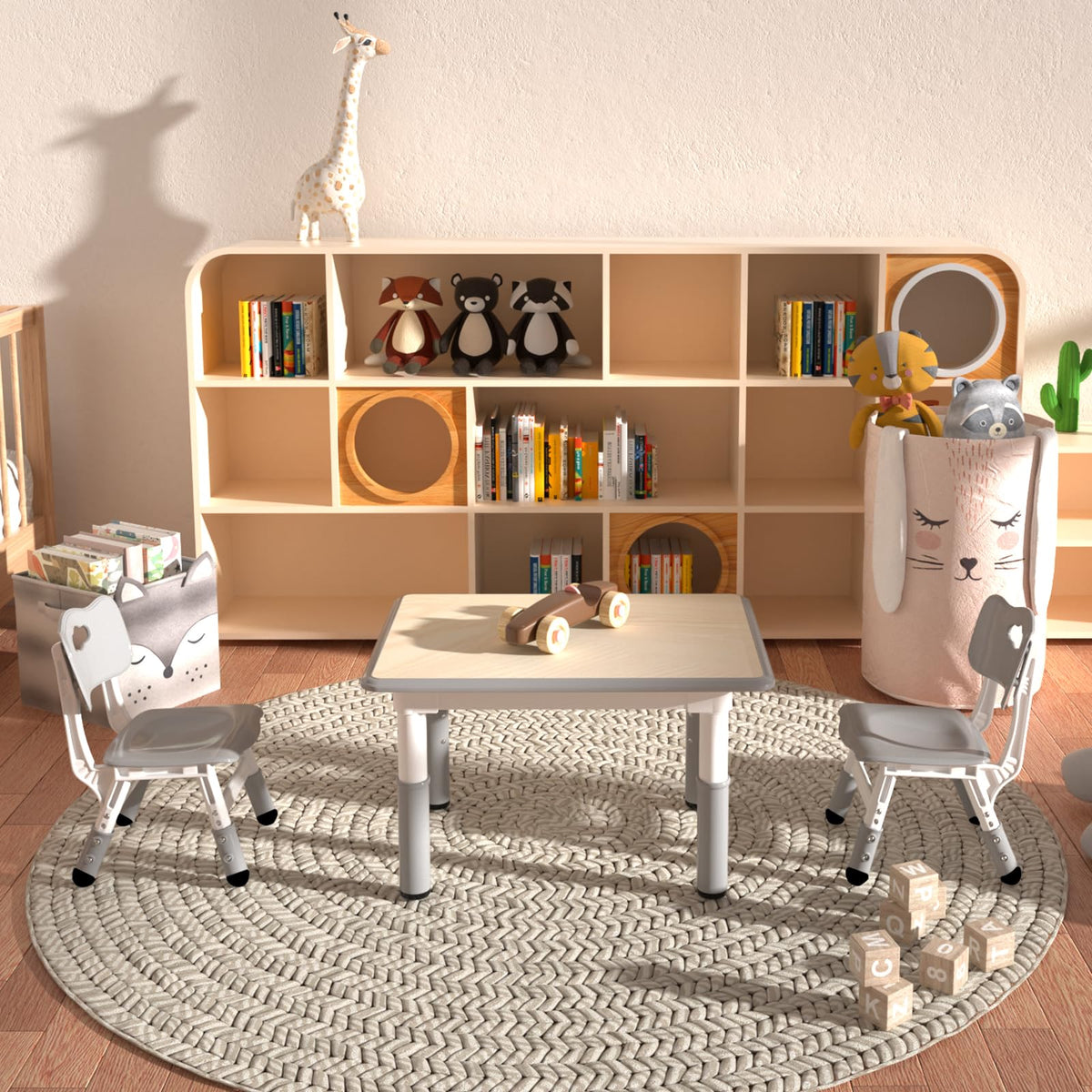Height Adjustable Kids Table with 2 Chairs, Durable HDPE Play Set for Children Ages 2–12, Gray