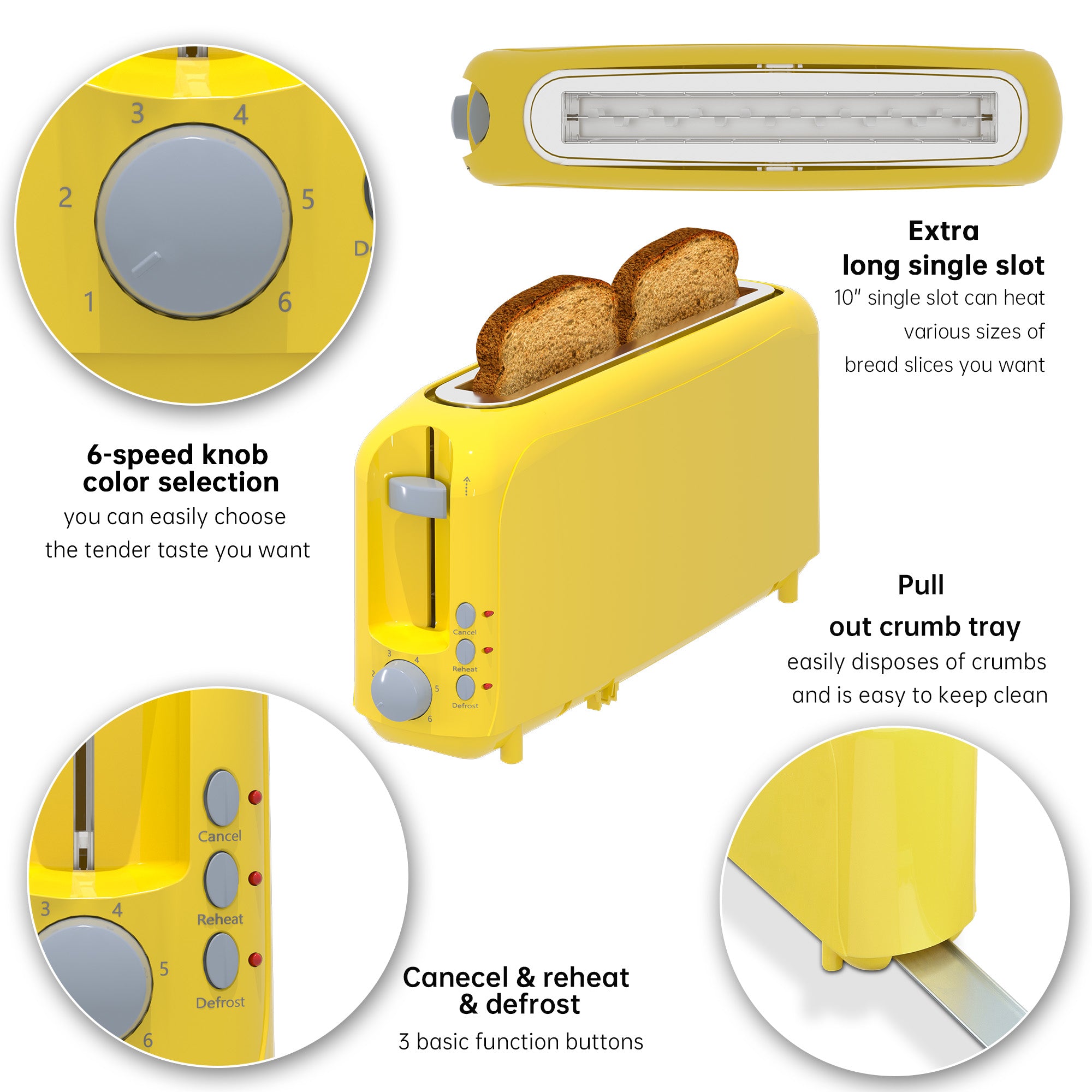 2-Slice Toaster with 10" Extra Long Slot, 6 Browning Levels, Removable Crumb Tray, Defrost, Reheat & Cancel Functions, Auto Shut-Off Safety,Yellow