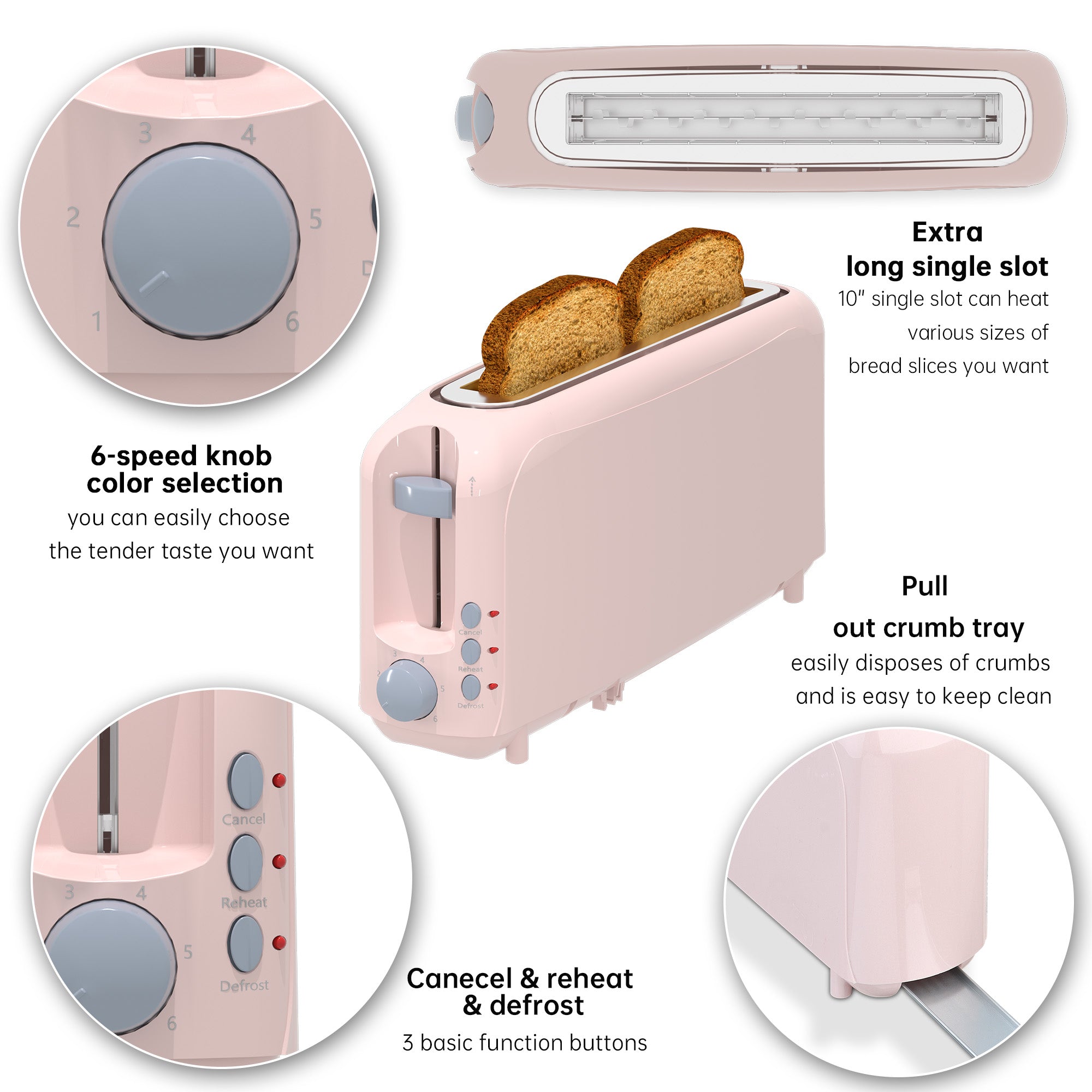 2-Slice Toaster with 10" Extra Long Slot, 6 Browning Levels, Removable Crumb Tray, Defrost, Reheat & Cancel Functions, Auto Shut-Off Safety,Pink