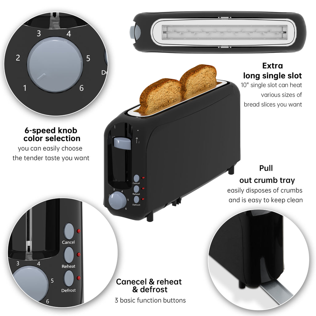 2-Slice Toaster with 10" Extra Long Slot, 6 Browning Levels, Removable Crumb Tray, Defrost, Reheat & Cancel Functions, Auto Shut-Off Safety,Black