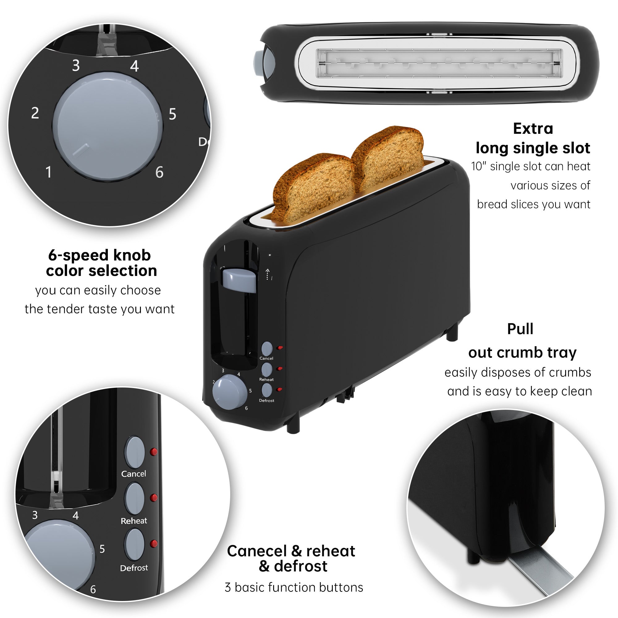 2-Slice Toaster with 10" Extra Long Slot, 6 Browning Levels, Removable Crumb Tray, Defrost, Reheat & Cancel Functions, Auto Shut-Off Safety,Black