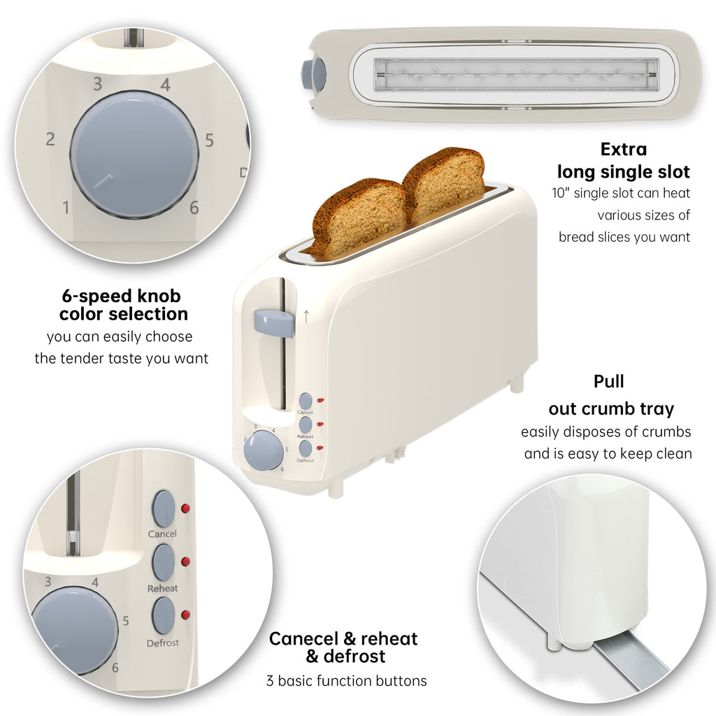 2-Slice Toaster with 10" Extra Long Slot, 6 Browning Levels, Removable Crumb Tray, Defrost, Reheat & Cancel Functions, Auto Shut-Off Safety,White