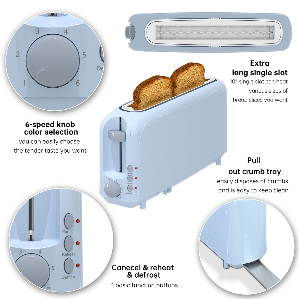 2-Slice Toaster with 10" Extra Long Slot, 6 Browning Levels, Removable Crumb Tray, Defrost, Reheat & Cancel Functions, Auto Shut-Off Safety,Blue