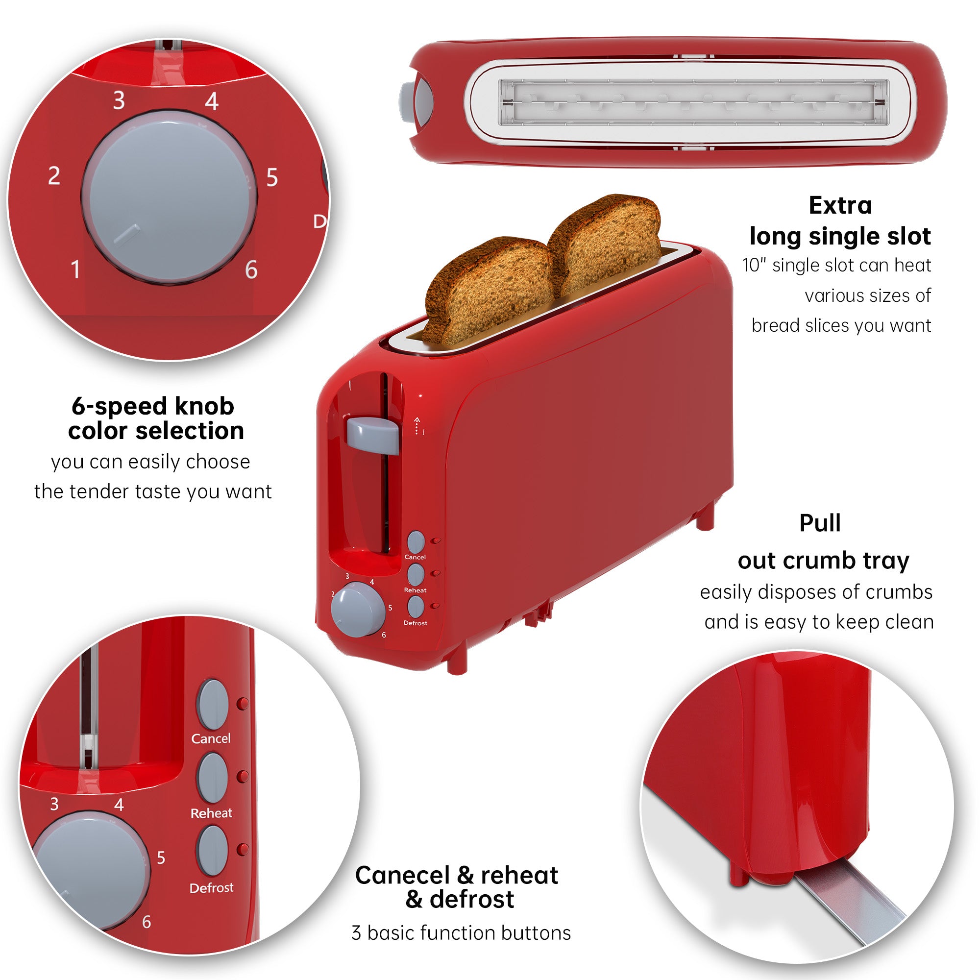 2-Slice Toaster with 10" Extra Long Slot, 6 Browning Levels, Removable Crumb Tray, Defrost, Reheat & Cancel Functions, Auto Shut-Off Safety,Red