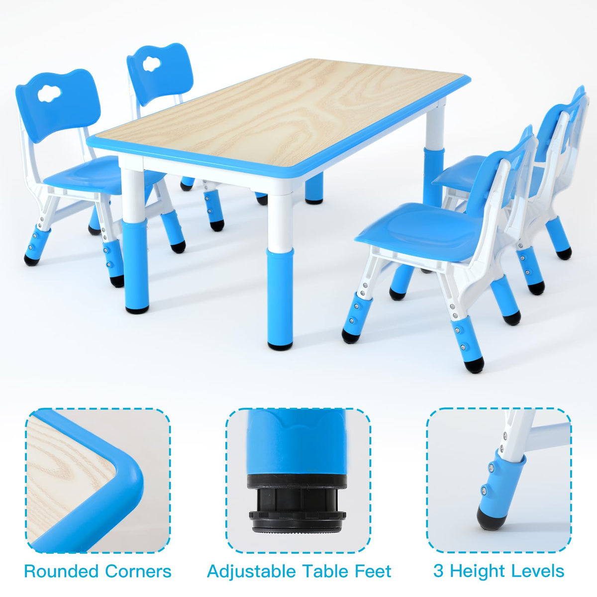 Height Adjustable Kids Table with 4 Chairs, Durable HDPE Play Set for Children Ages 2–12, Blue
