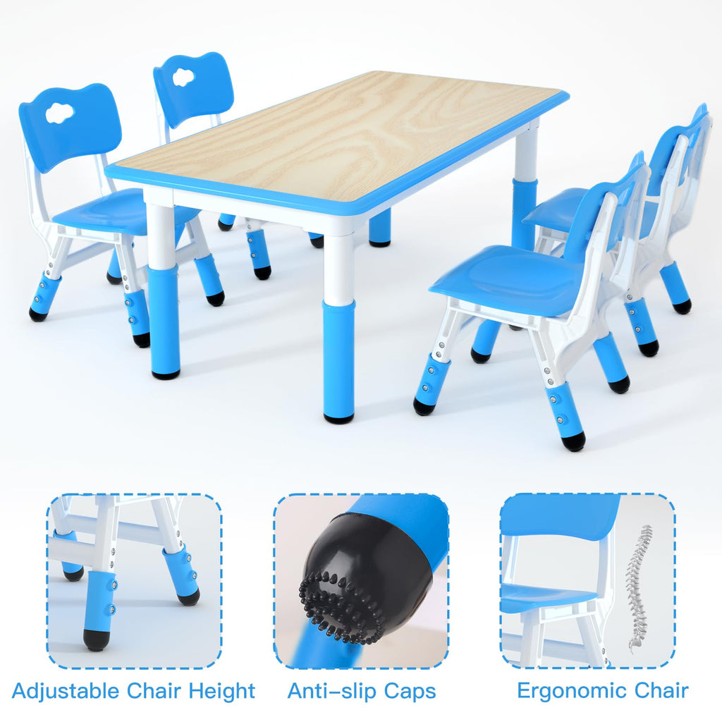 Height Adjustable Kids Table with 4 Chairs, Durable HDPE Play Set for Children Ages 2–12, Blue