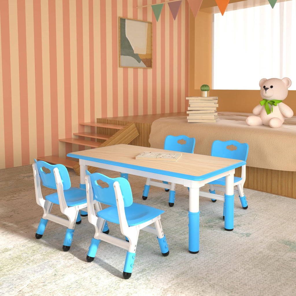 Height Adjustable Kids Table with 4 Chairs, Durable HDPE Play Set for Children Ages 2–12, Blue