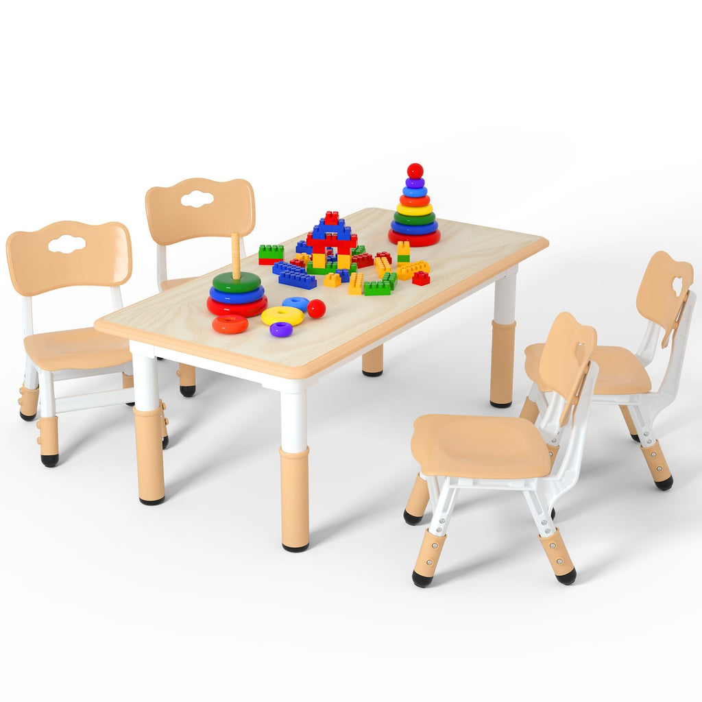Height Adjustable Kids Table with 4 Chairs, Durable HDPE Play Set for Children Ages 2–12, Brown
