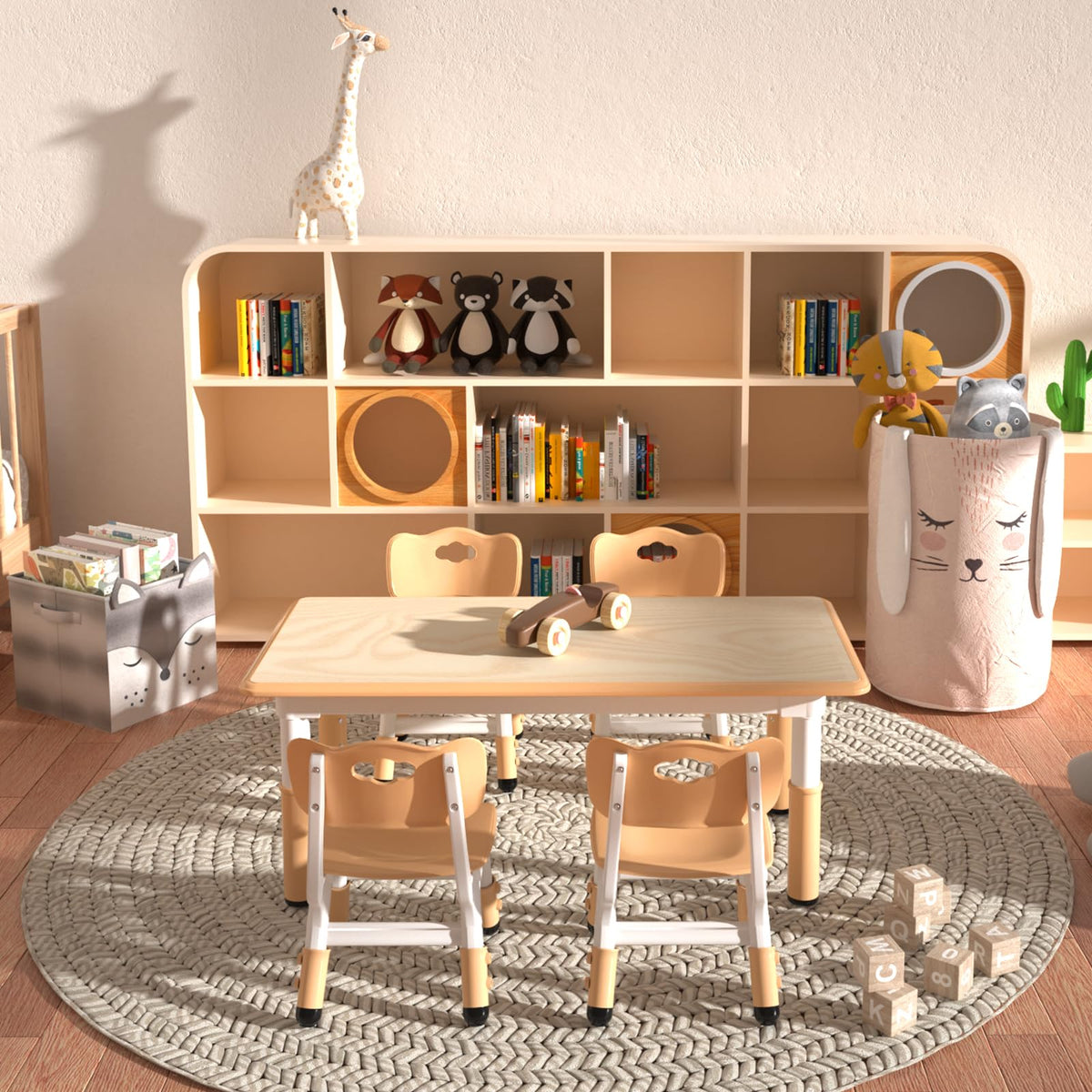 Height Adjustable Kids Table with 4 Chairs, Durable HDPE Play Set for Children Ages 2–12, Brown