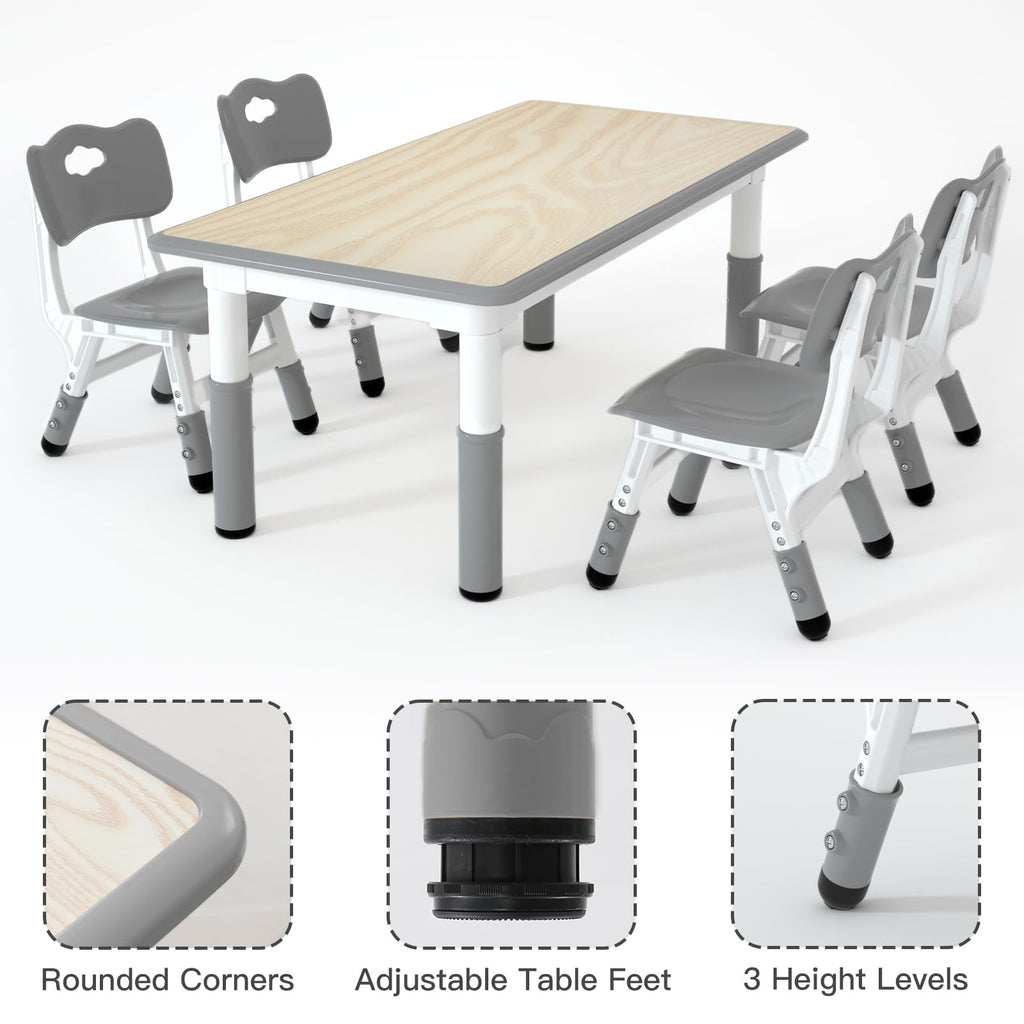 Height Adjustable Kids Table with 4 Chairs, Durable HDPE Play Set for Children Ages 2–12, Gray