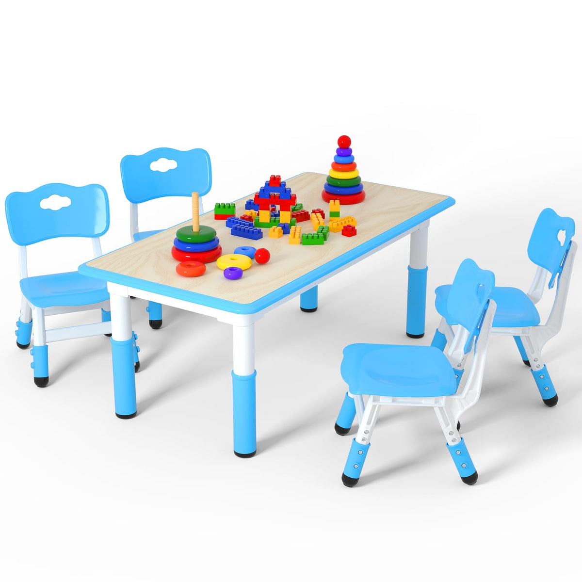 Height Adjustable Kids Table with 2 Chairs, Durable HDPE Play Set for Children Ages 2–12, Blue