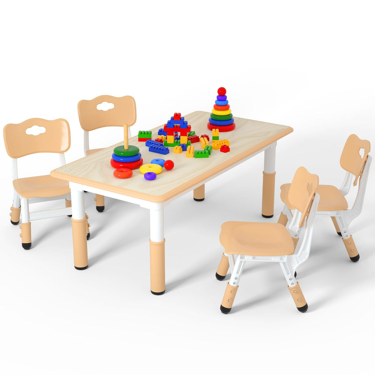 Height Adjustable Kids Table with 2 Chairs, Durable HDPE Play Set for Children Ages 2–12, Brown