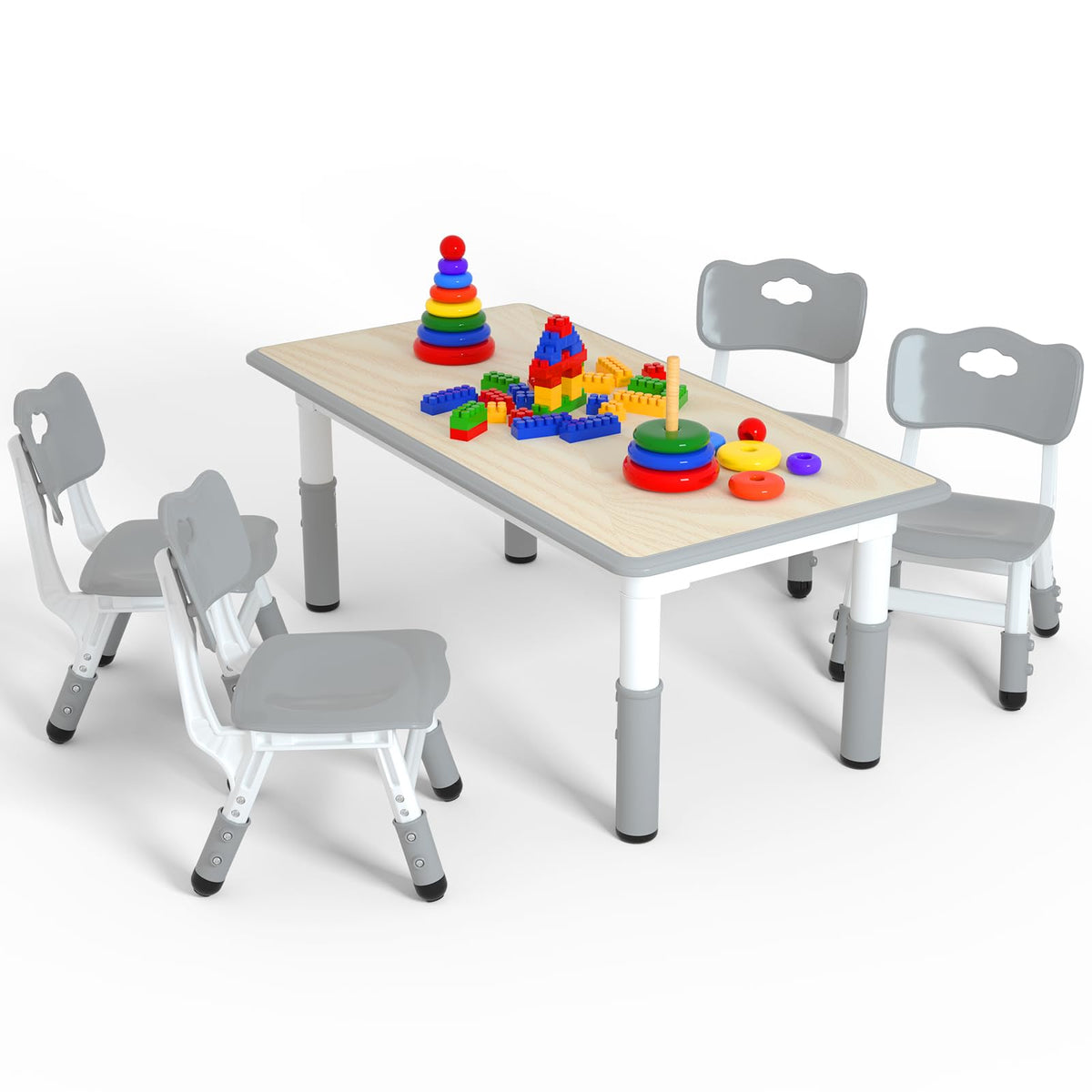 Height Adjustable Kids Table with 6 Chairs, Durable HDPE Play Set for Children Ages 2–12, Gray