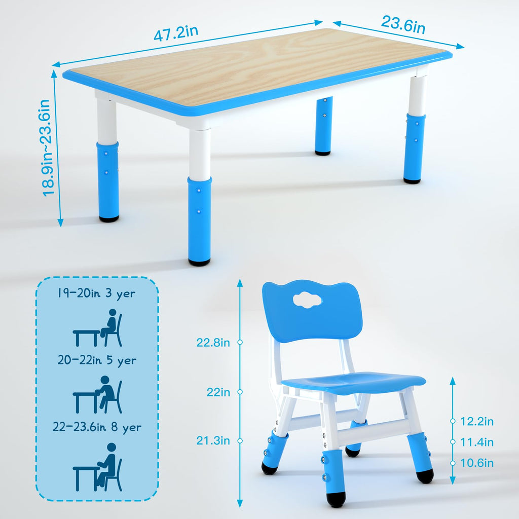 Height Adjustable Kids Table with 6 Chairs, Durable HDPE Play Set for Children Ages 2–12, Blue