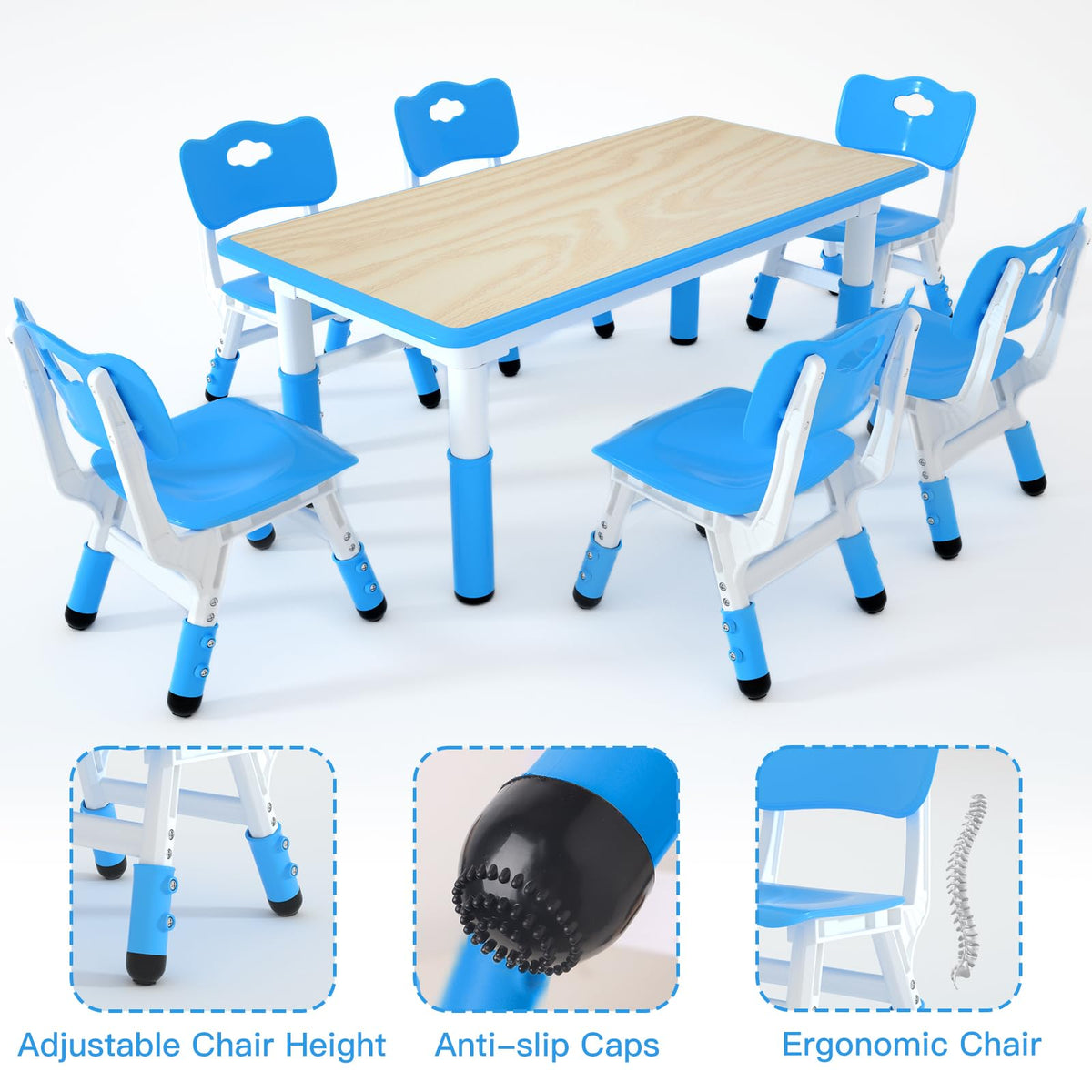 Height Adjustable Kids Table with 6 Chairs, Durable HDPE Play Set for Children Ages 2–12, Blue