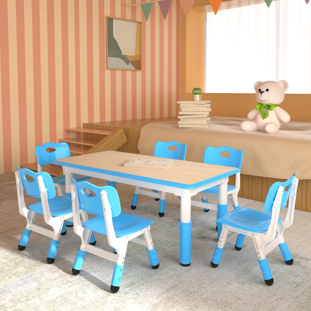 Height Adjustable Kids Table with 6 Chairs, Durable HDPE Play Set for Children Ages 2–12, Blue