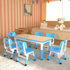 Height Adjustable Kids Table with 6 Chairs, Durable HDPE Play Set for Children Ages 2–12, Blue