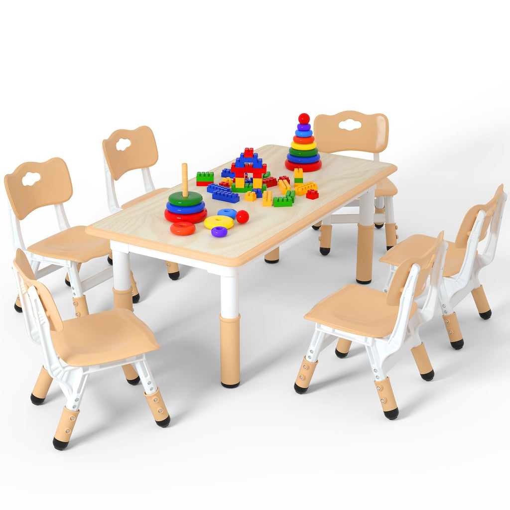 Height Adjustable Kids Table with 6 Chairs, Durable HDPE Play Set for Children Ages 2–12, Brown